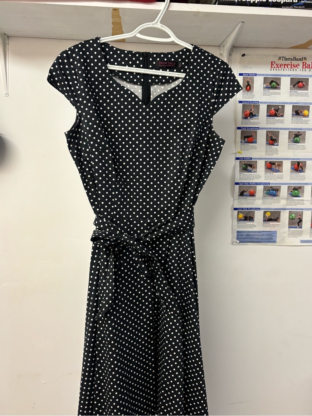Polka Dot Belted Midi Dress in Black & White